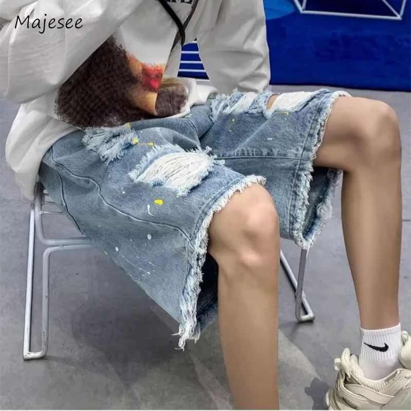 Ripped Denim Shorts Men Baggy Retro Hip Hop  Summer Breathable Destroyed Streetwear Daily Raw Edge All-match Comfortable