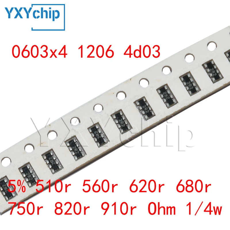 100pcs/lot 0603x4 1206 4d03 Chip Resistor Networks Arrays 5% 510r 560r 620r 680r 750r 820r 910r Ohm 1/4w