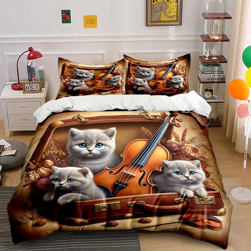 Elegant kittens with violin Pattern Duvet Cover Set Digital Print Colorful Polyester Bedding with Zipper Closur for kids gifts