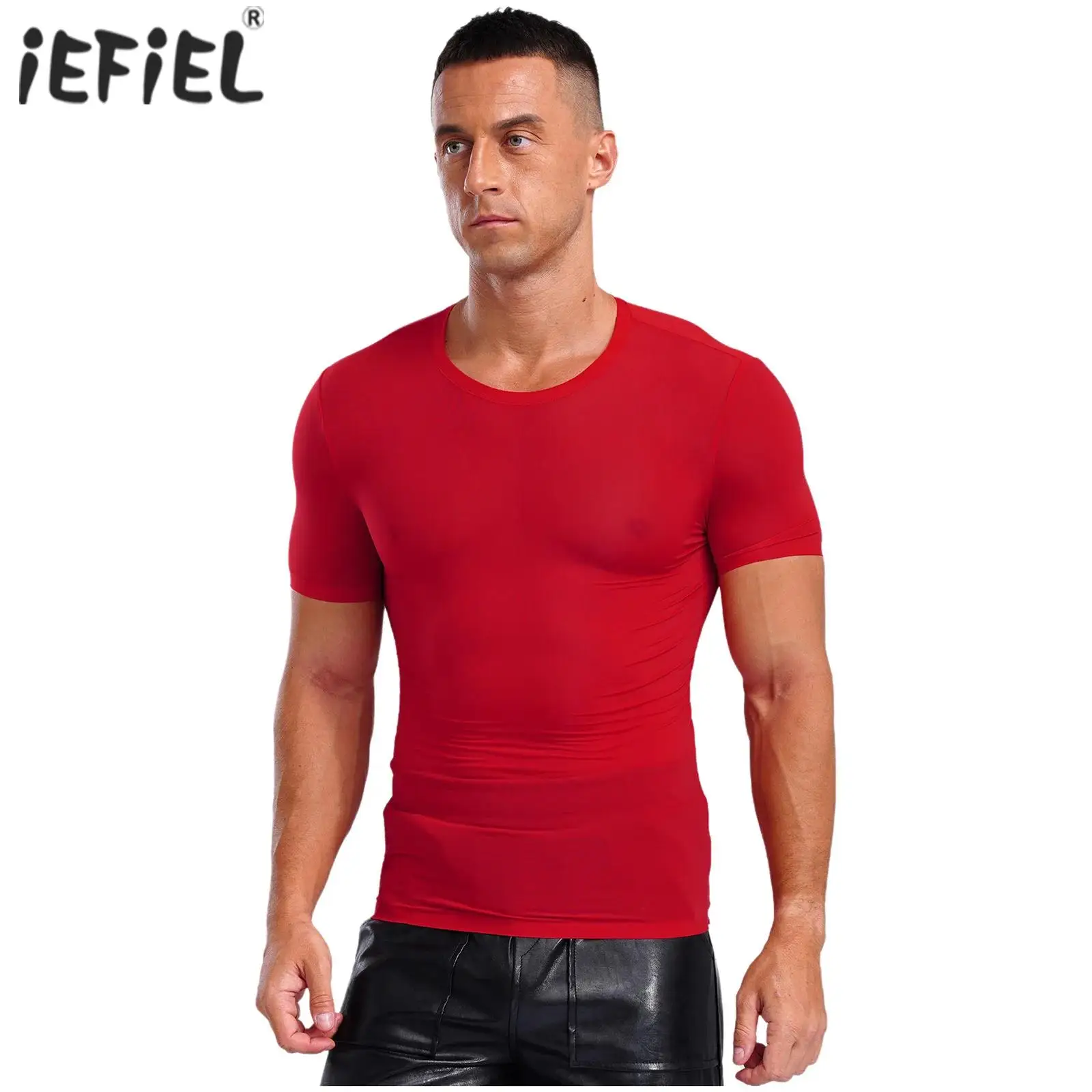 Mens Ice Silky Fitness Pilates T-shirt Round Neck Short Sleeve Quick-dry Ultra-thin Top Gym Sportswear Bodybuilding T-Shirt Tops