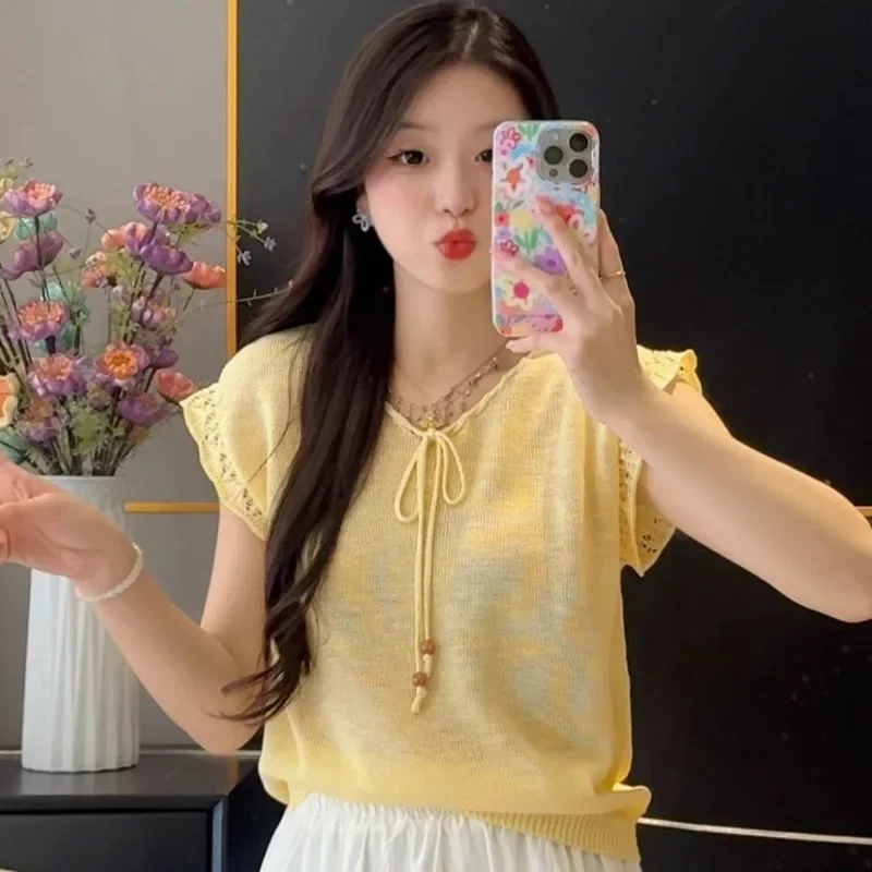 Nice Women Clothes Summer Fashion Casual Drawstring Solid Color O-neck Female All-match Appear Thin Hollow Out Short Sleeve Card