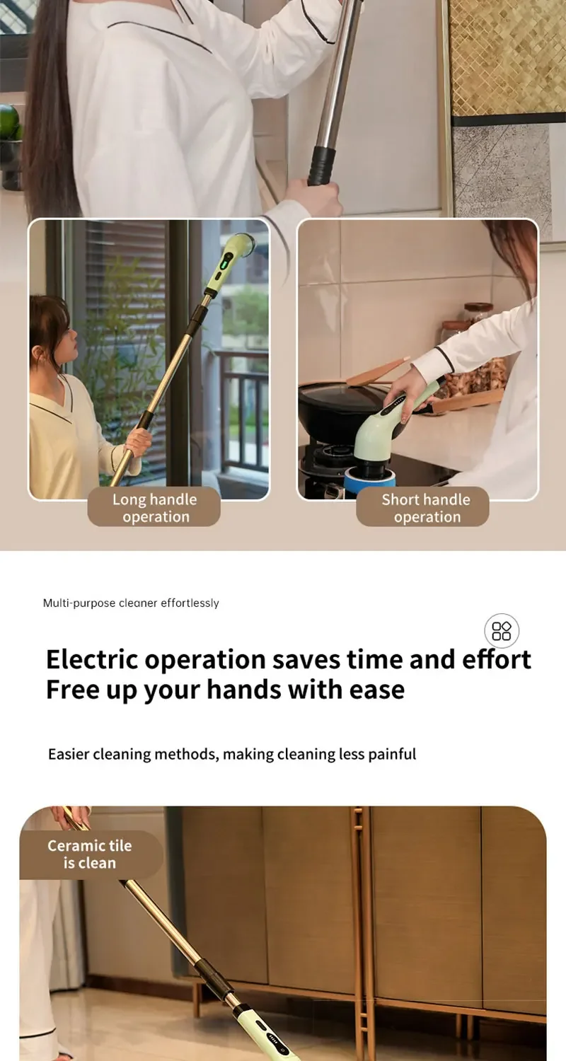 Simplify everyday cleaning with a rechargeable electric spin scrubber featuring an extension handle, interchangeable brush heads, USB-C charging, and a battery display.