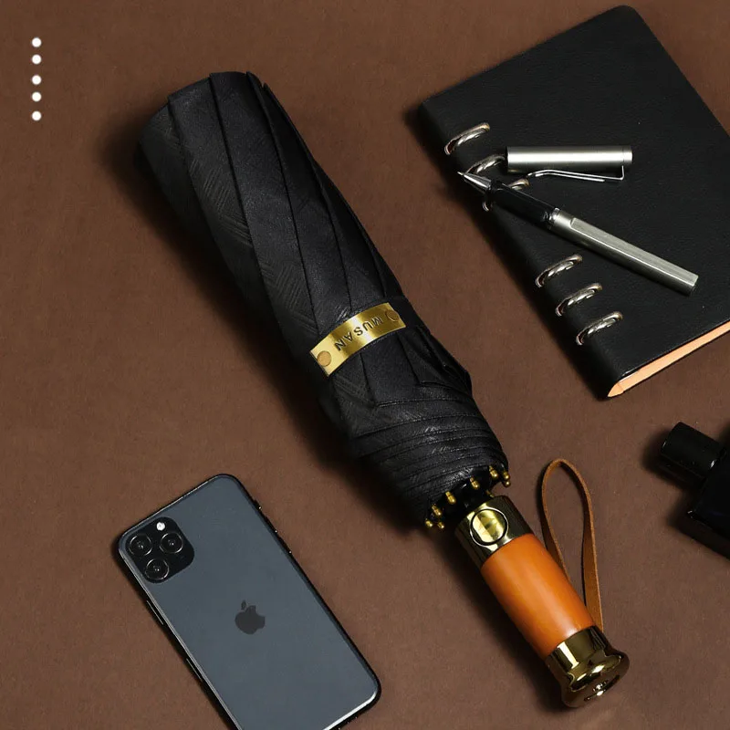 Triple Fold Fully Automatic 10 Bone Grid Pattern Umbrella, Automatic Wooden Handle Wind Resistant and Sunny Umbrella