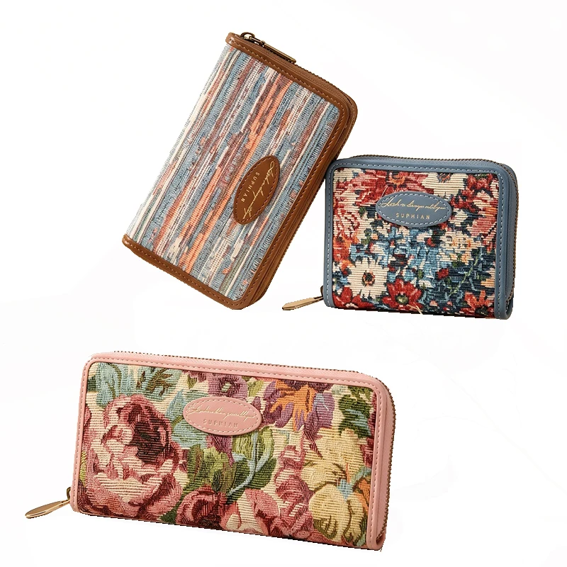 

Western Flower Embossed Canvas PU Patchwork Women Wallet Large Capacity Coin Purse for Ladies