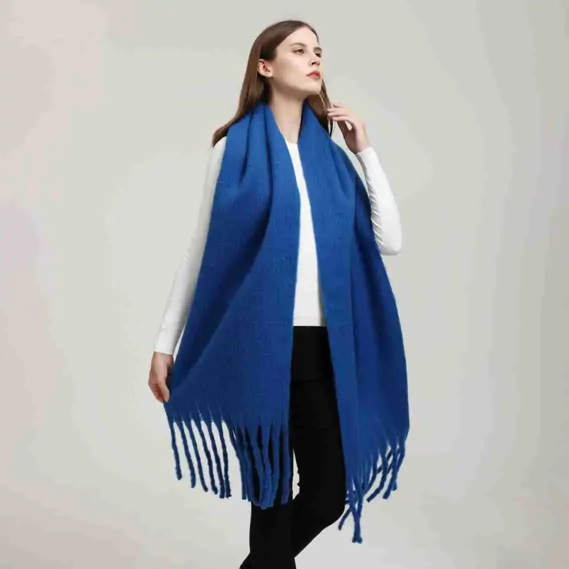 

245*40cm Solid Color Cashmere Scarf for Women Thick Warm Winter Big Shawl Plush Scarves Tassel Wrap Poncho Foulard Bufanda Soft