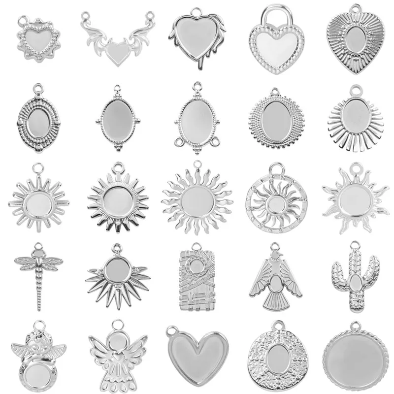 High Quality Metal Round Oval Heart Pendant Base Stainless Steel Charms For Jewelry Making Supplies 6pcs DIY Blank Bail Pendants