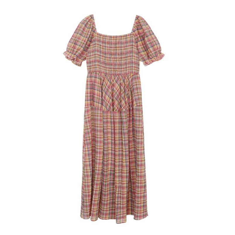 

Women Plaid Long Dress Summer Puff Sleeves Square Collar Elegant Vintage A-line Dress Casual Basics Prairie Chic Vestidos