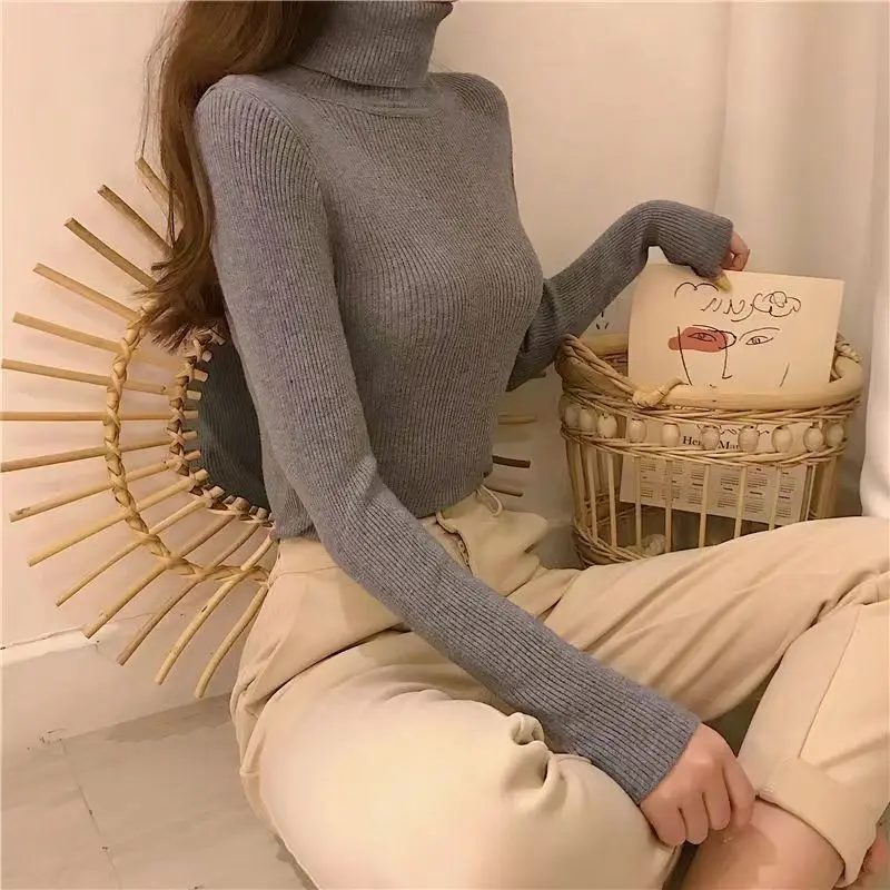 Winter Knitting Sweater Pullovers Women Long Sleeve Tops Turtleneck Knitted Sweater Chic Women Clothes Female Candy Bottom Shirt