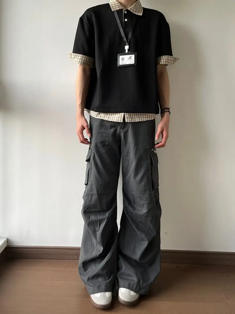 American High Street Vibe Vintage Folded Multi Pocket Grey Work Pants Men Loose Straight Leg Wide Leg Casual Trousers Trendy