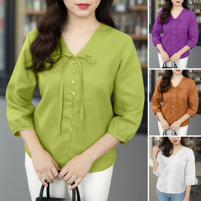 

ZANZEA Fashion Women Blouse Tunic Casual V Neck Tops Autumn Lace-Up Solid Shirts 3/4 Lantern Sleeve Loose Buttons Ladies Blusas