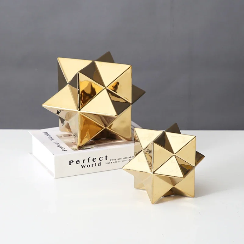 Ceramic Ornament Geometric Five-pointed Star Ceramic Decoration Golden Cube Decorative Figurines Home Decoration Accessories