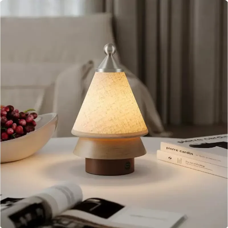 Retro Christmas Tree Shape Desk Lamp Touch Dimming Color Changing Solid Wood Base Bedroom Bedside Ambient Light Decorative