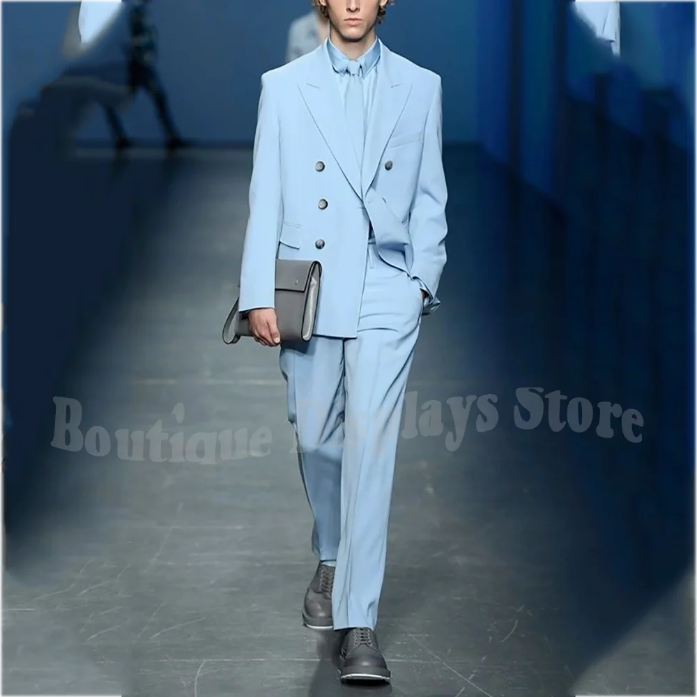 

Light Blue Peaked Lapel Suit Set Classic Double Breasted Fashion Show Male Outfit Two Piece Solid Color Two Piece Blazer Pants