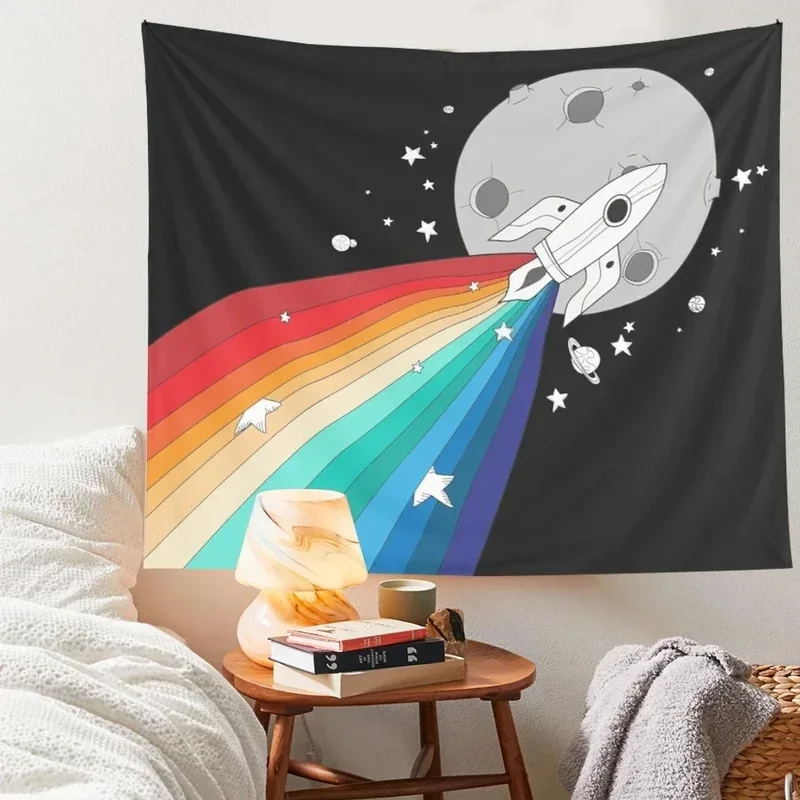 Vintage room decor tapestry cartoon space rocket rainbow wall hanging home living room dorm background bedroom decor aesthetics