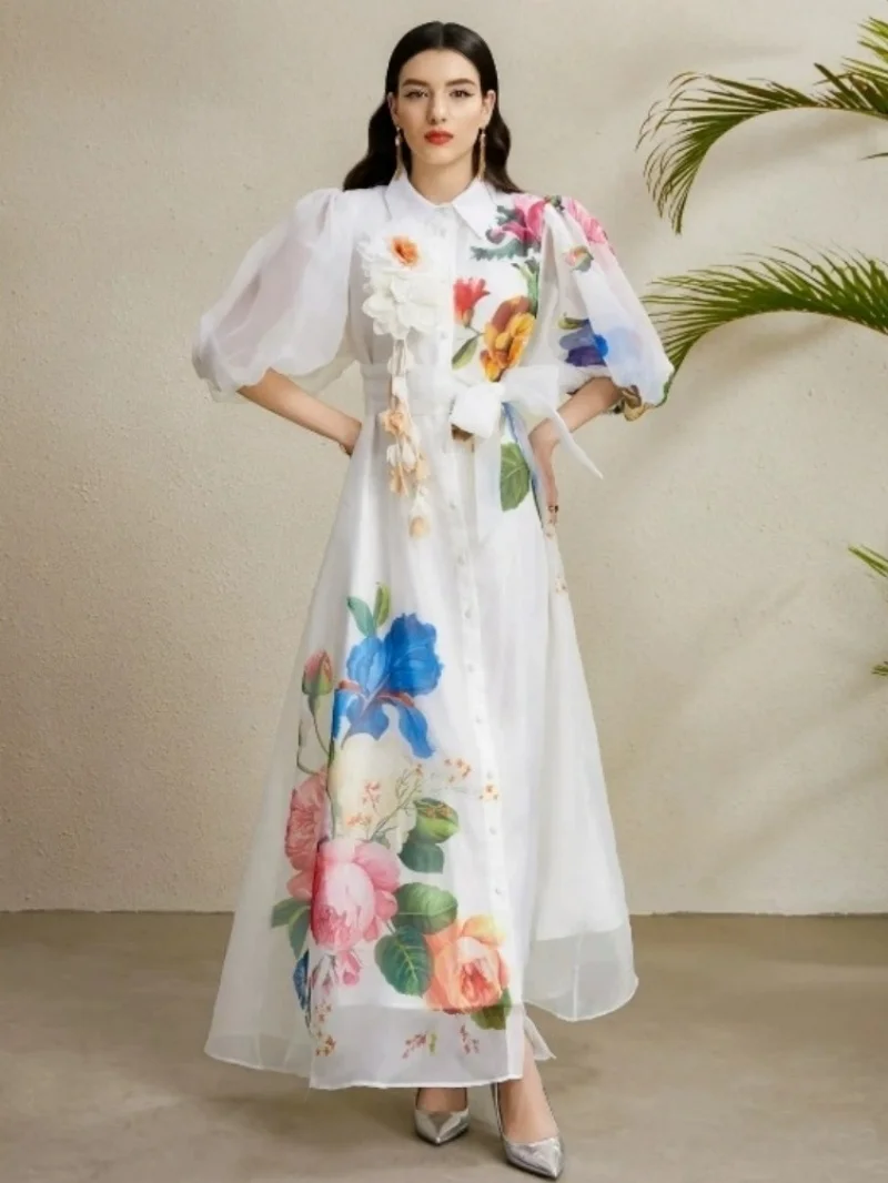 Modisches Blumenprint Boho-Kleid Sommerkleidung Damen 2026 Laternenärmel Knopfleiste Maxi Langes Kleid Abendparty Hemdkleid