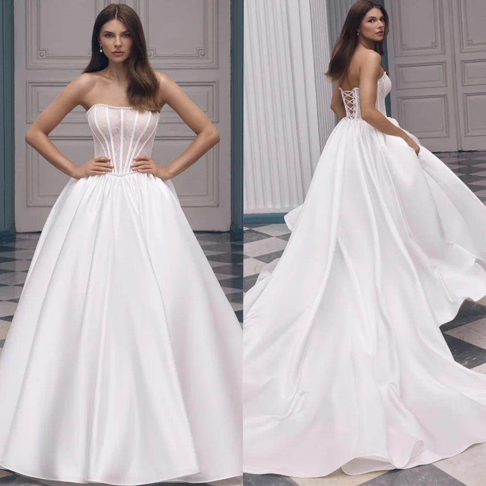 

Customized Formal White Satin Celebrity Gowns Delicate Strapless Pleats Ruched Panel Train Lace Up Back Bespoke Occasion Gowns