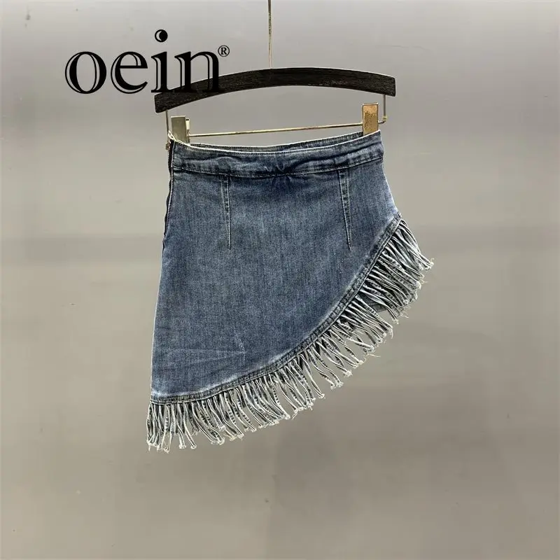 

[oein] Irregular Tassel Denim Shorts Skirt For Women 2024 Summer New High Waisted Slim Fit A-line Hip Hugging Skirt