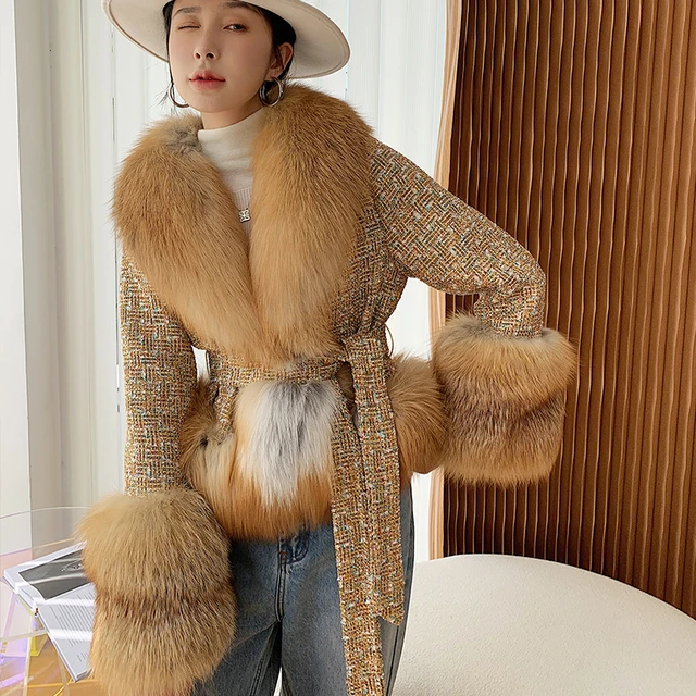 Wool Blends Coat With Huge Fox Fur Collar Outfit 2022 Women Winter Thick Warm Bigger Fox Fur Jacket Woolen Coats