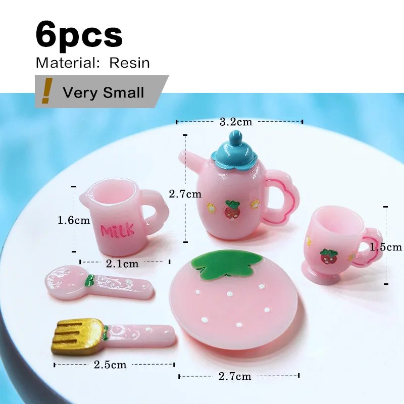 Pink Tea Set Miniature Figurine Cup Plate Teapot Knife Fork Simulated Model Home Decor Fairy Garden Decoration DIY Accessories - view 3