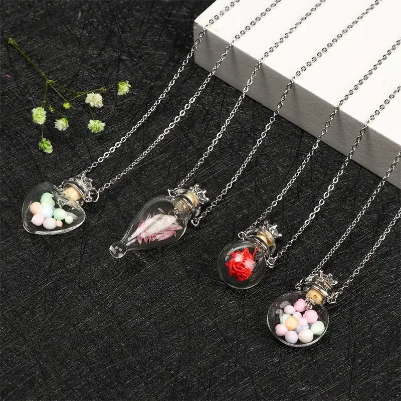 Fashion Glass Perfume Essential Oil Bottle Pendants DIY Women\'s Perfume Wishing Bone Ash Lanugo Fragrance Enhancer Necklace