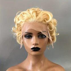 613 Blonde Human Hair Wigs curly pixie human hair Wig 13X1 Transparent Lace Wig Pixie Cut Wig For Women Human Hair 150% density