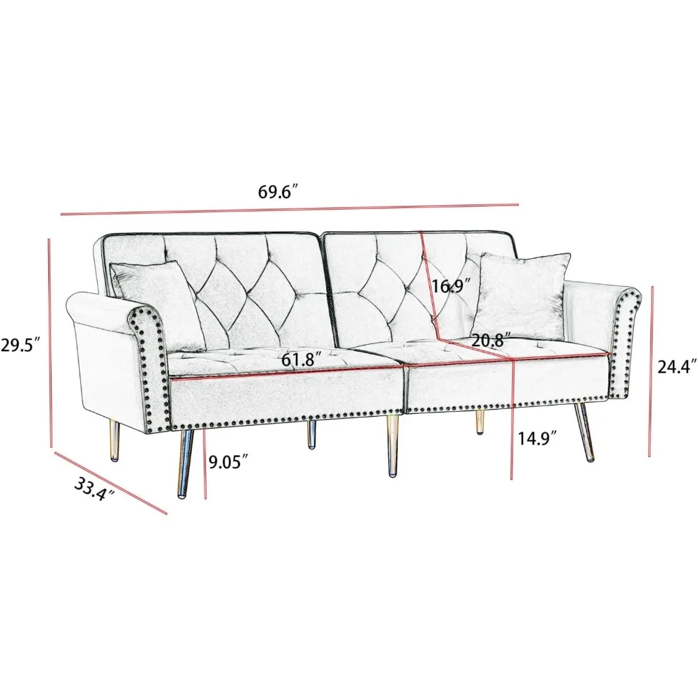 Convertible Folding Sleeper Couch with 2 Pillows,Tufted Loveseat Recliner w/ Golden Metal Legs for Living Room Apartment Office