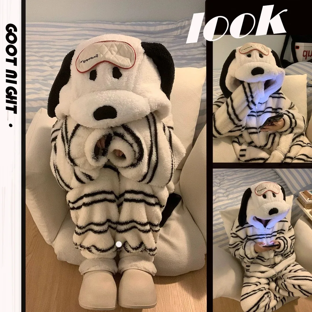 

Пижамы с капюшоном большого размера Snoopy, плащ, брюки, каваи, аниме, новый мультяшный принт, вышивка, утепленная коралловая бархатная пижама, домашняя одежда
