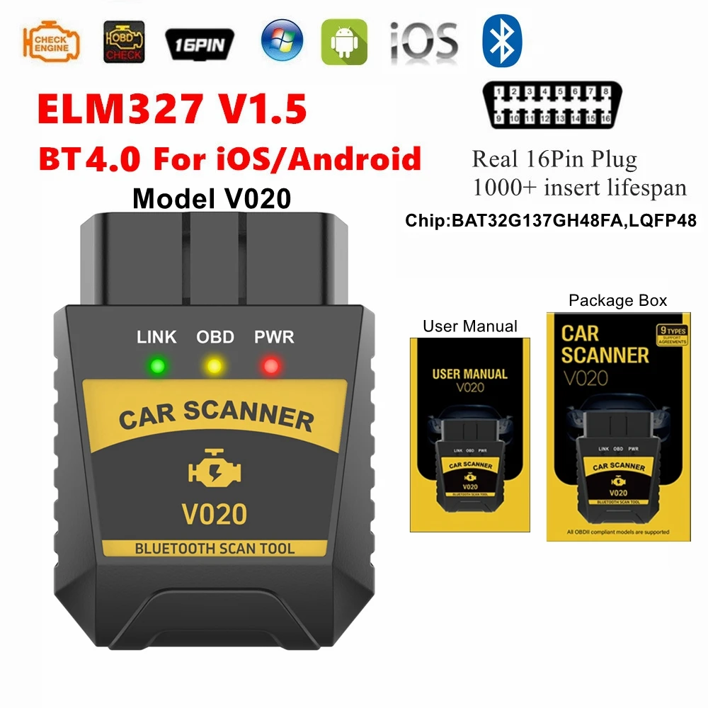 Hot Sale V020 Bluetooth 4.0 Read Car Coder For IOS Android ELM 327 V1.5 Read Engine Error For Car OBDII Auto Diagnostic Tools