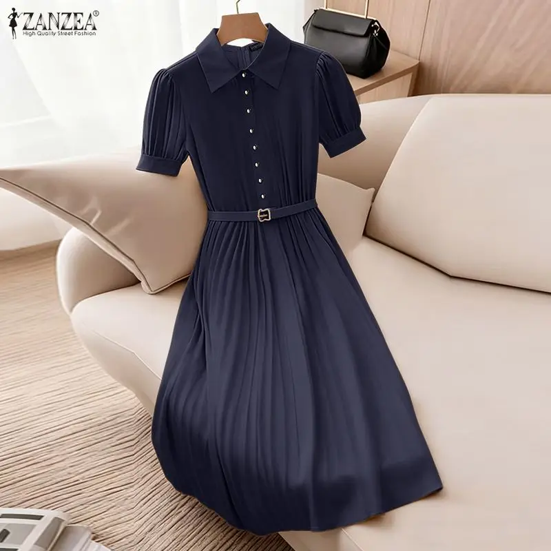 ZANZEA فستان كاجوال المرأة الصيف قصيرة الأكمام فضفاضة الصلبة الركبة طول فستان الشمس 2026 موضة مطوي أنيقة مكتب سيدة Vestidos #2
