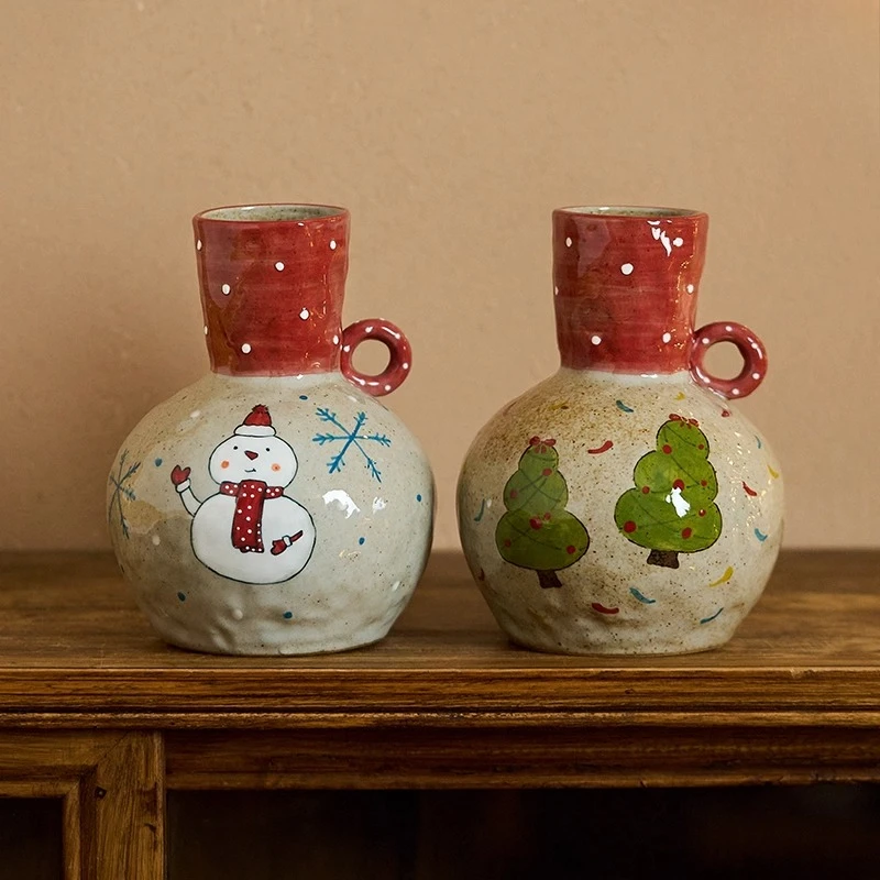 

New Vintage Hand-painted Christmas Snowman Vase Coarse Pottery Christmas Tree Flower Device Sophisticated Altos Flower Pot