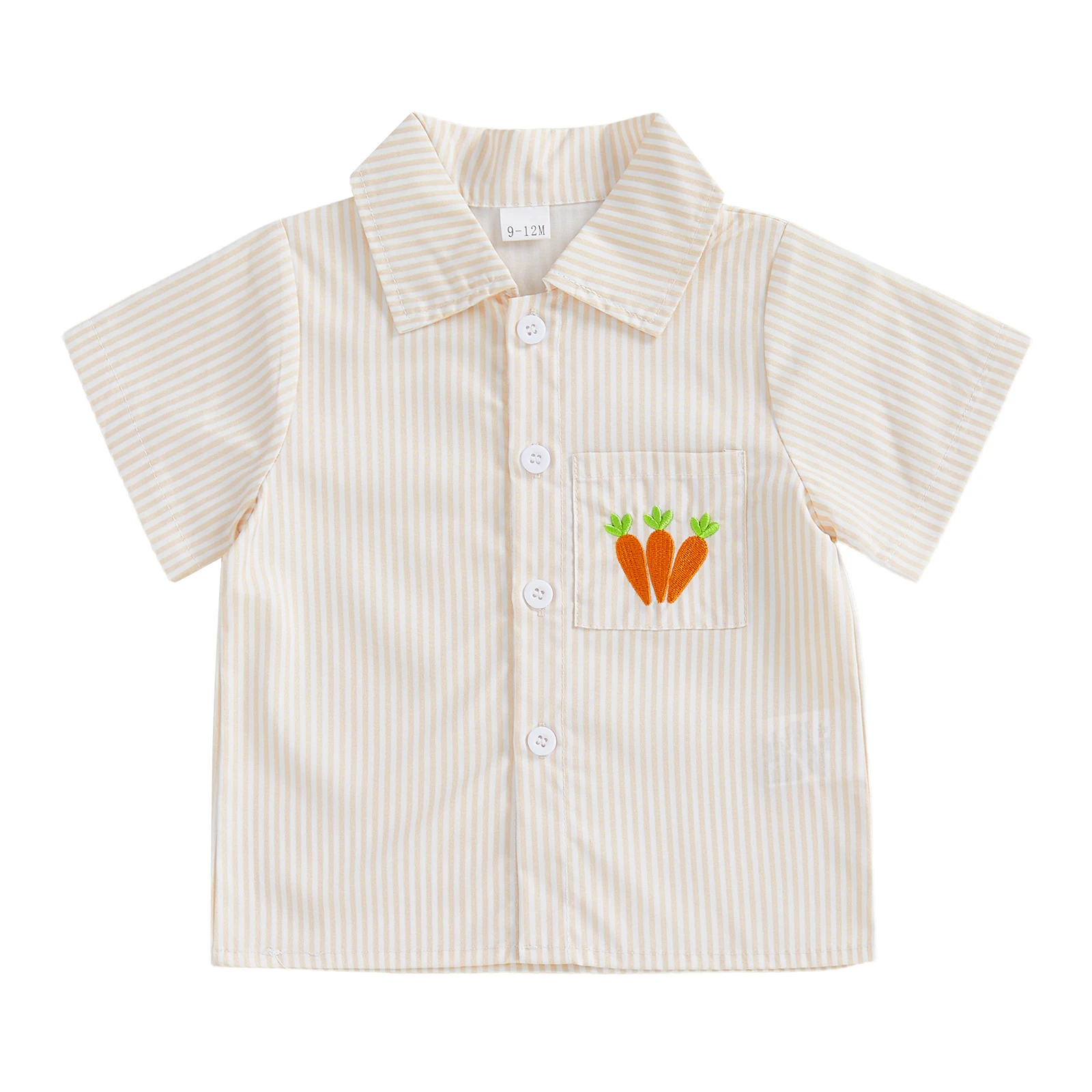 قميص مخطط للأطفال مع تطريز جزرة لطيف بأكمام قصيرة وأزرار لأعلى، تي شيرت صيفي للأولاد والبنات