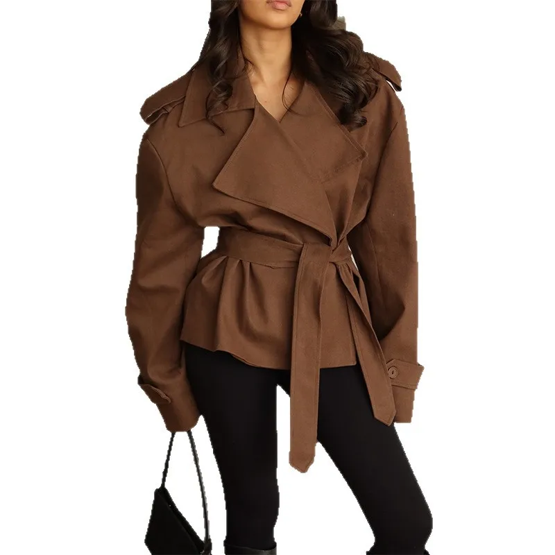 2025 شتاء جديد أزرق كحلي بني داكن بني فاتح بيج متعدد الألوان التلبيب بلون حزام سليم قصير خندق معطف المرأة ملابس خارجية