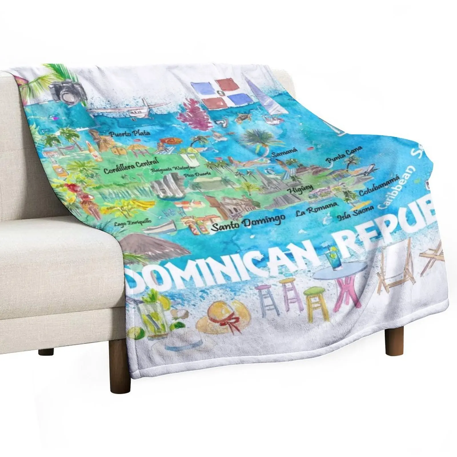 Dominican Republic Illustrated Travel Map with Roads and Highlights Throw Blanket Fluffys Large Soft Plush Plaid Cute Blankets