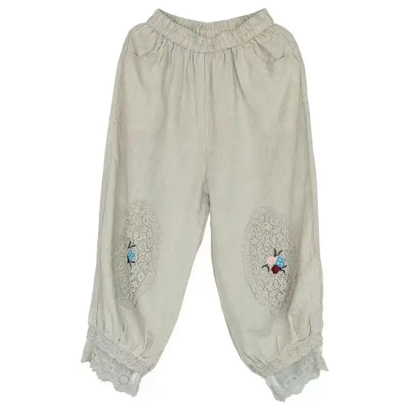 

Lace Embroidery Cotton Linen Pants New Women Solid Color Casual Ankle-length Pant Woman Lace-up Waist Loose Trousers Harem Pants