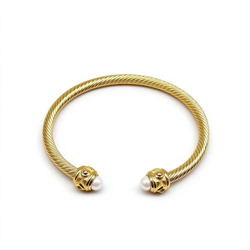 Gold Plated Twisted Cable Open Bangle with White Pearl Ball Ends and Filigree Details, 4mm Cable, Elegant Luxurious Design, Hypoallergenic Gold Plated Brass, Durable Polished Surface, Lightweight Fit, Timeless Jewelry, Gift for Her Birthday, Chic, Trendy