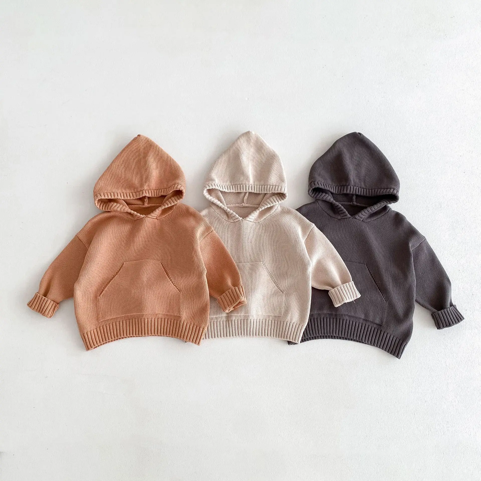 

2024 Autumn New Children Knitted Sweater Solid Toddler Girls Big Pocket Hooded Coat Boys Casual Knitwear Kids Versatile Hoodie