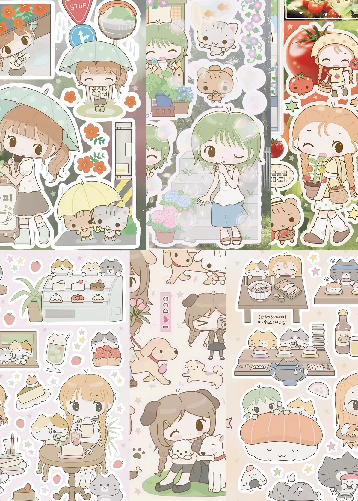 SoftFarm Sticker Set | Multi-Pastel Six-Theme Rain-Garden-Farm-Cafe-Park-Sushi Girls for Scrapbook Logs