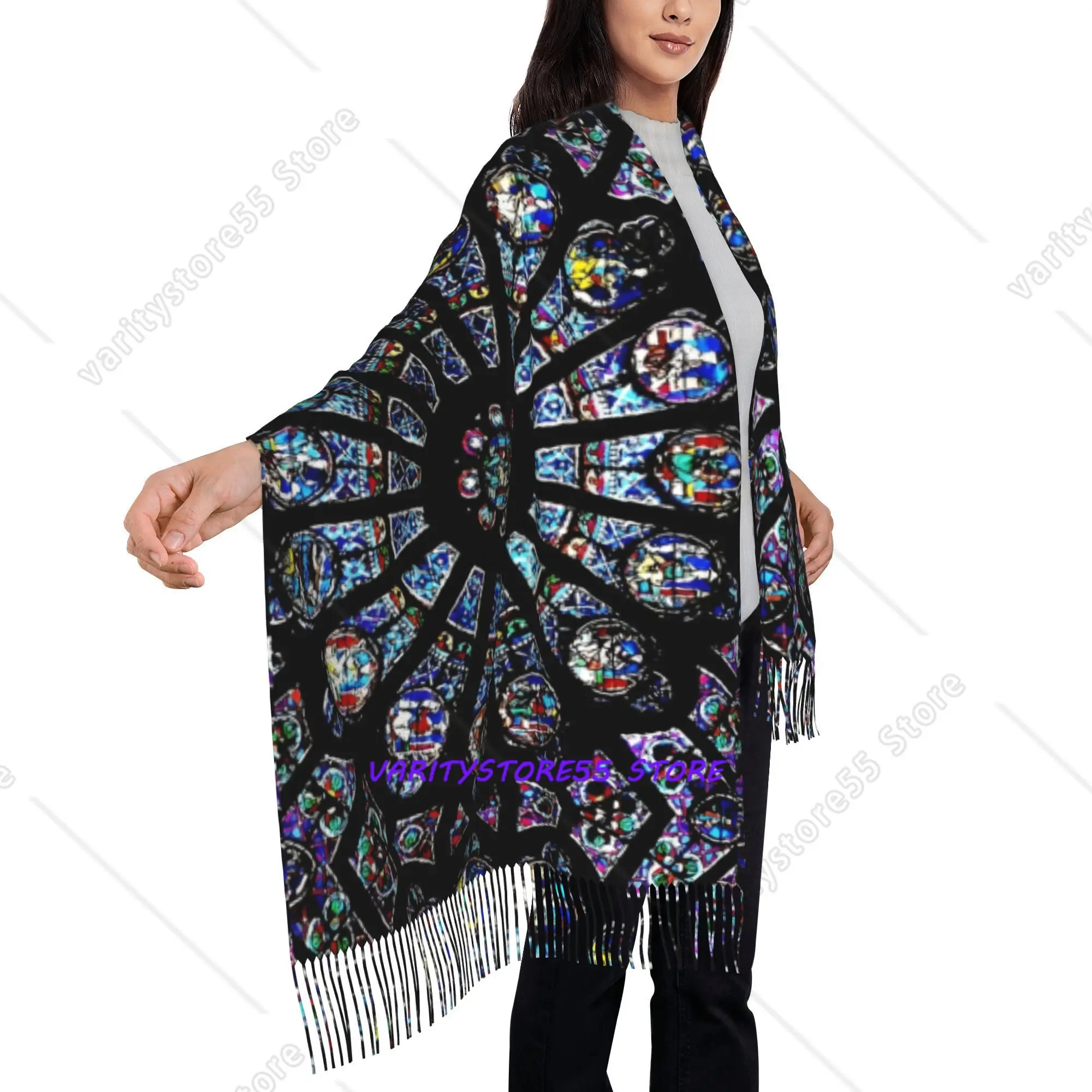 Gothic Cathedral Stained Glass Print Fashionable Tassel Scarf Suitable for Outdoor Hiking Running Cycling Travel Durable