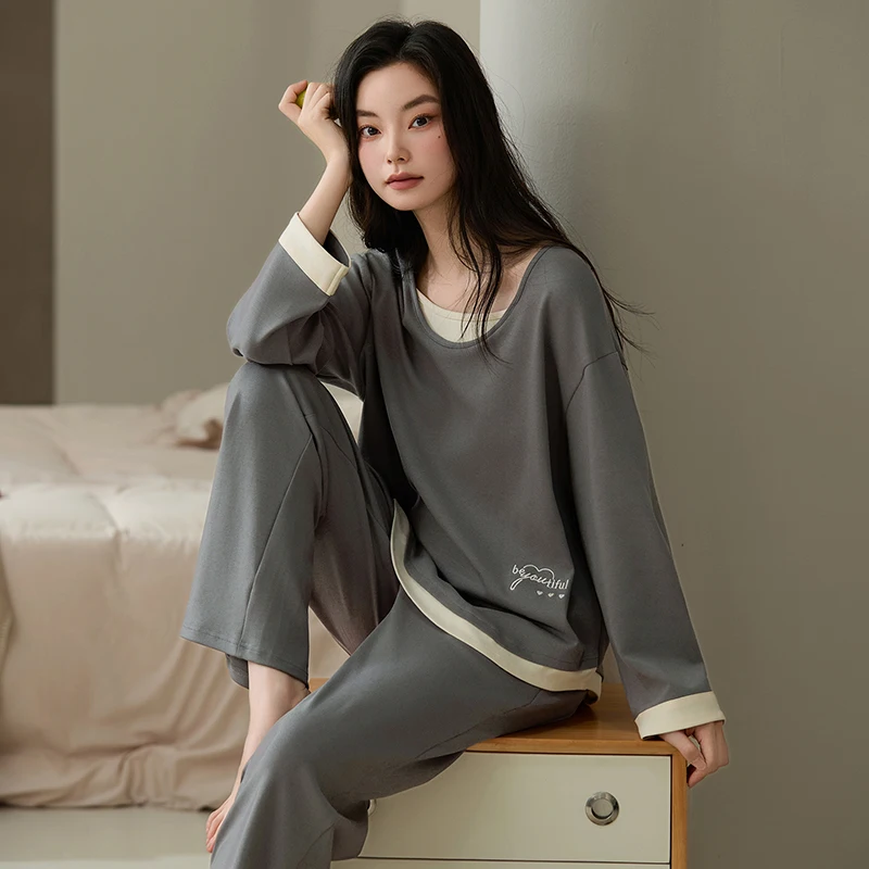 

Big Size M-4XL Spring and Autumn Women Knited Cotton Pyjamas Female Long Sleeve Casual Sleepwear