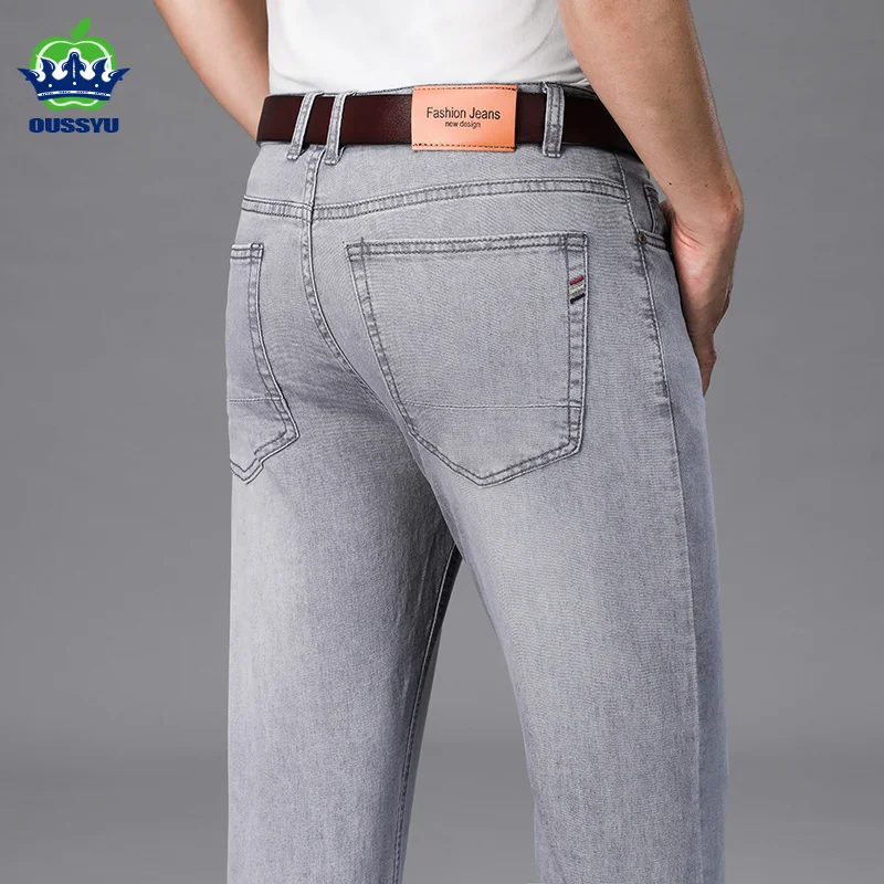 Good Quality Spring Summer Thin Elastic Jeans Men's Straight Business Casual Trousers Korean Solid Color Denim Pants Plus Size