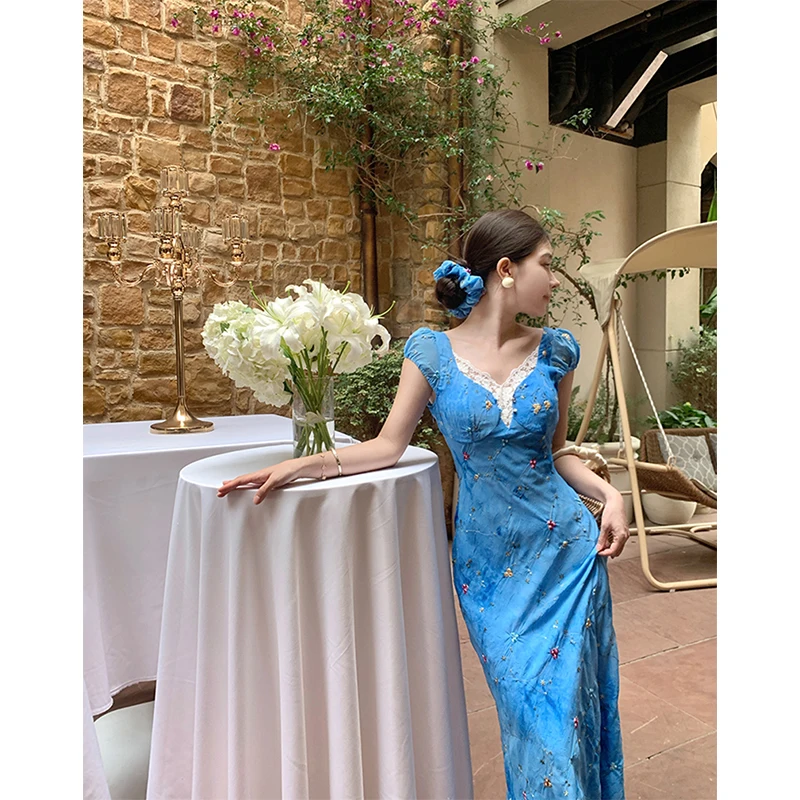 

Vintage Floral Midi Dress Women Vacation Sexy Lace Patchwork V Neck Dresses Summer Elegant Puff Short Sleeve Bodycon Vestidos