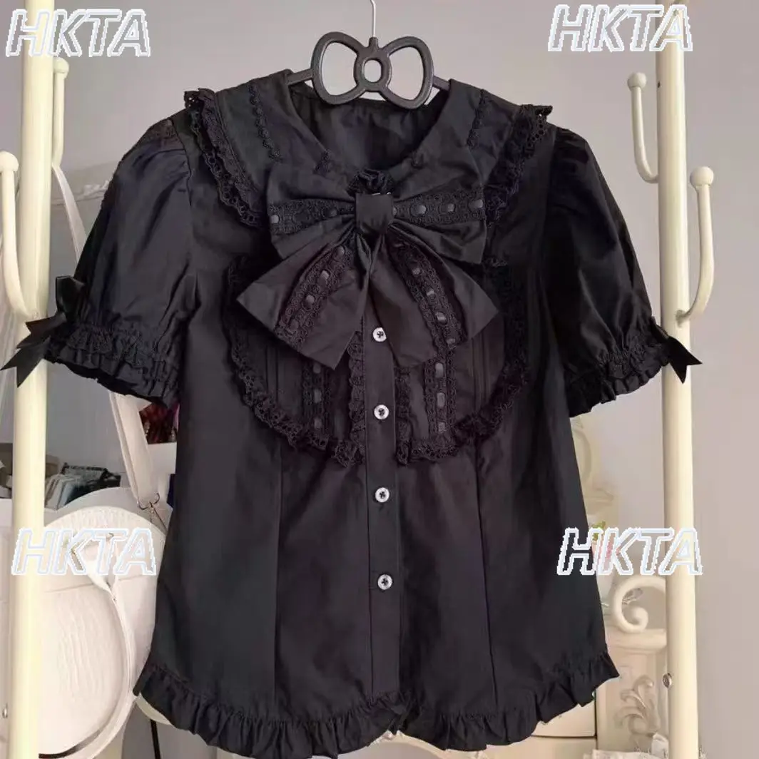 

Sweet Cute Lolita Bow Bubble Short Sleeves Doll Collar Inner Shirt for Women Summer Pleated Lace Stitching White Blusas Tops