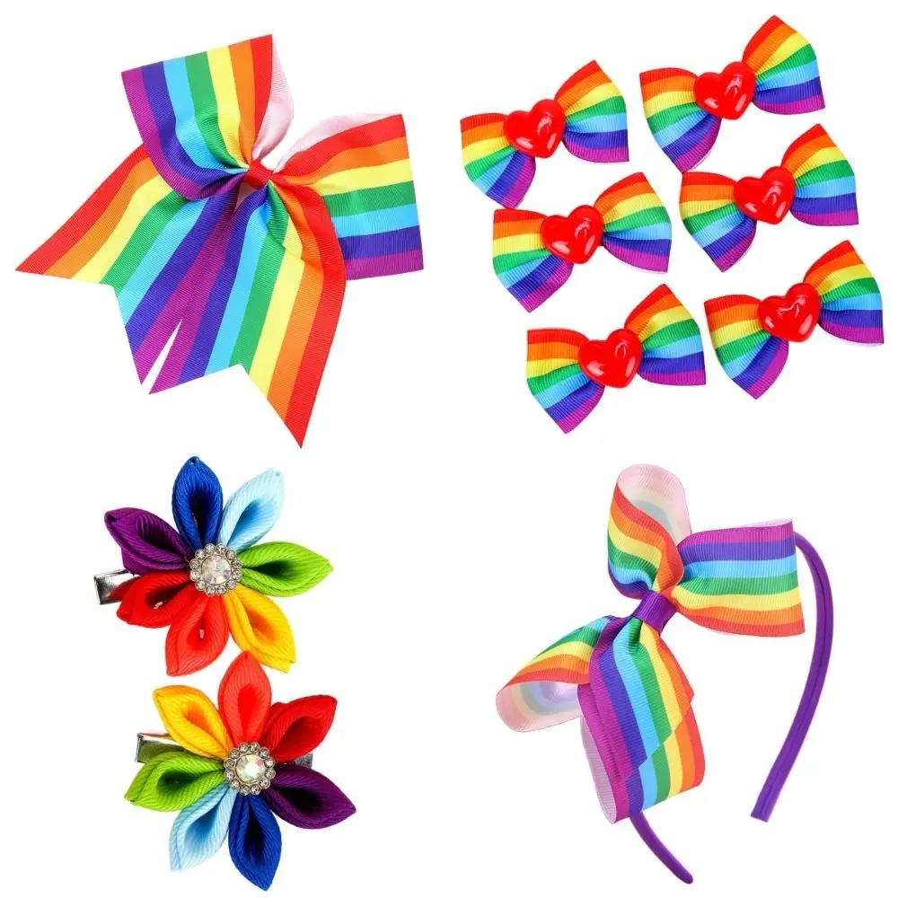 

Elastic Rainbow Hair Clips Jumbo Large Unique Rainbow Hair Bow Ties Not Harm Pride Day Ponytail Pigtails Holders Cheer Leading