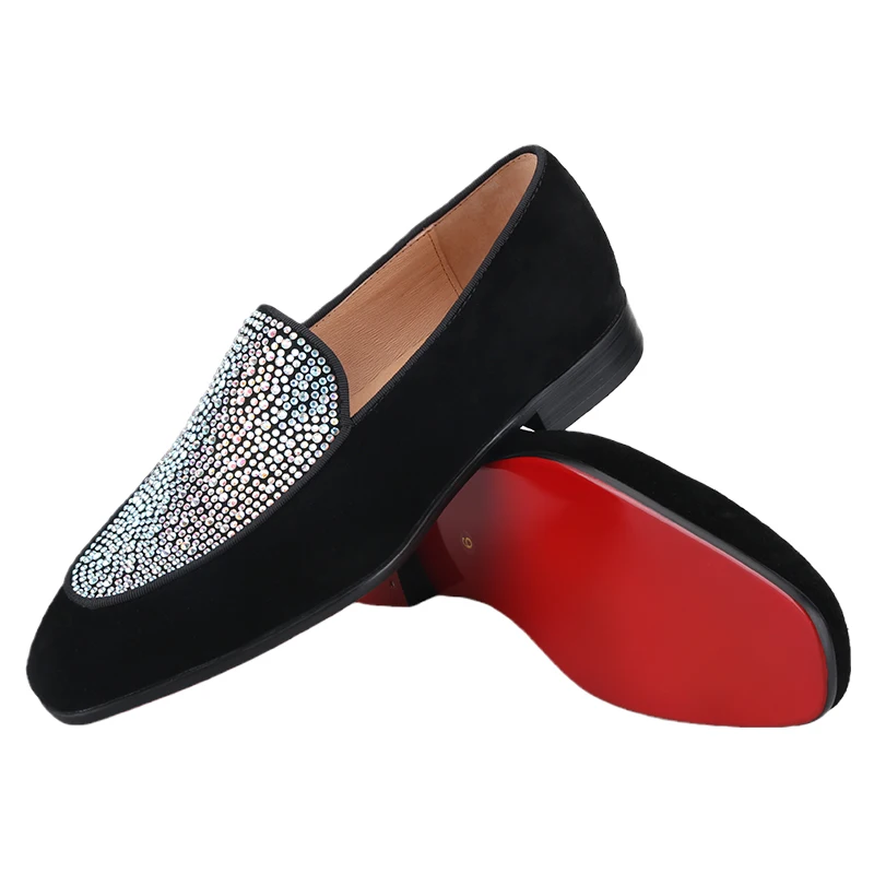 Piergitar Handmade Black Suede Men Loafers With Austrian Real Crystals Luxury Brand GZ Style Slip-On Smoking Slippers Red Soles