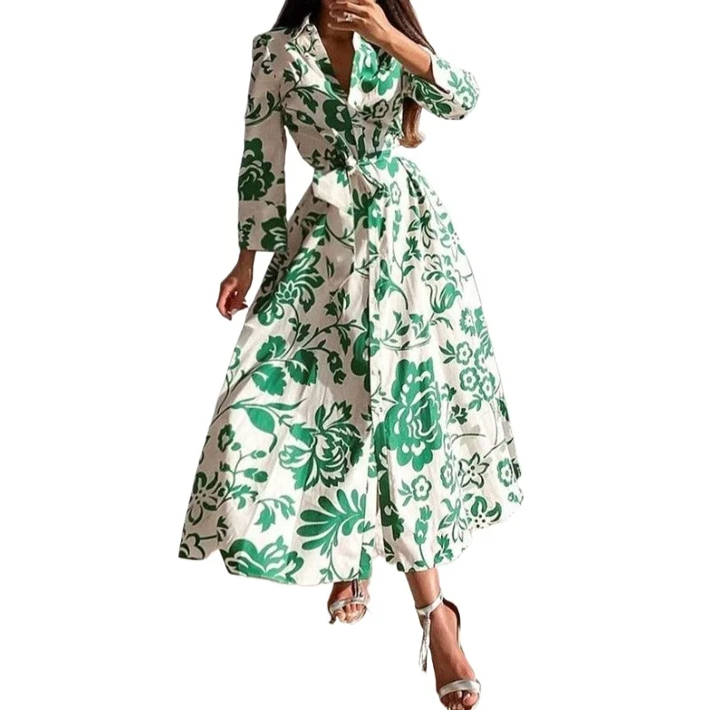 Autumn New Button Down Shirt Dress Long Sleeved Floral Print Beach Skirt