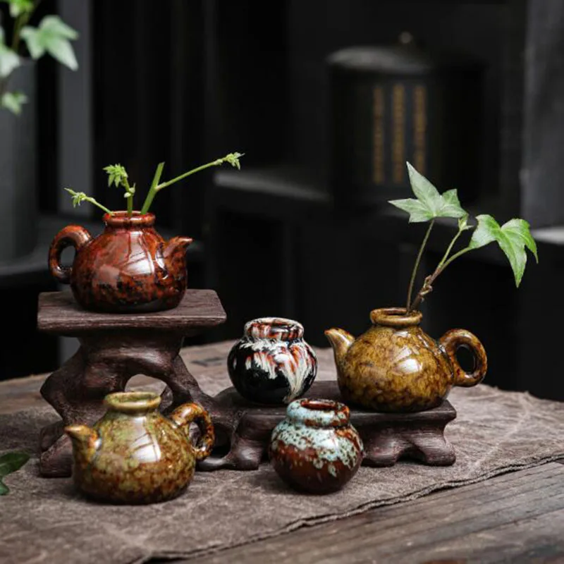 5Pcs/Set Mini Kiln Transmutation Plant Vase Thumb Porcelain Teapot Jar Hydroponics Vase Flower Plant Arragement Container Decor