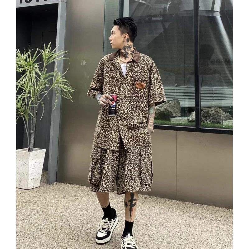 2024 Retro Leopard Pattern Set Mens High Street Trendy Party Suits Half Sleeved Patchwork Shirt+Quick Drying Sports Shorts 2-pcs