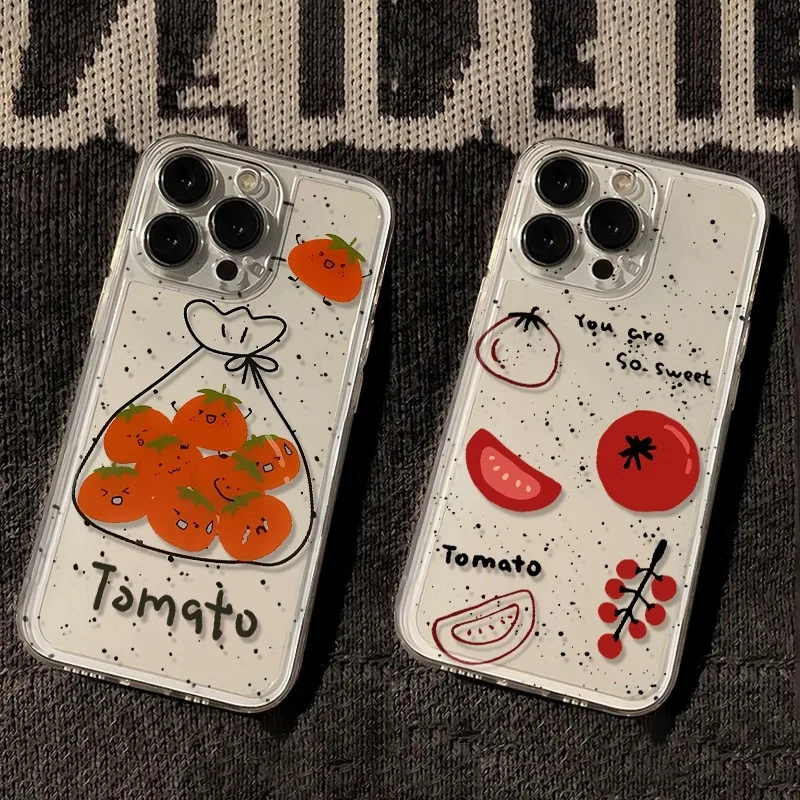 Cute Cartoon Tomato Printed Phone Case For iPhone 17 Air 16 15 14 11 Pro Max Plus 13 12 Mini 7 Transparent Shockproof Soft Cover