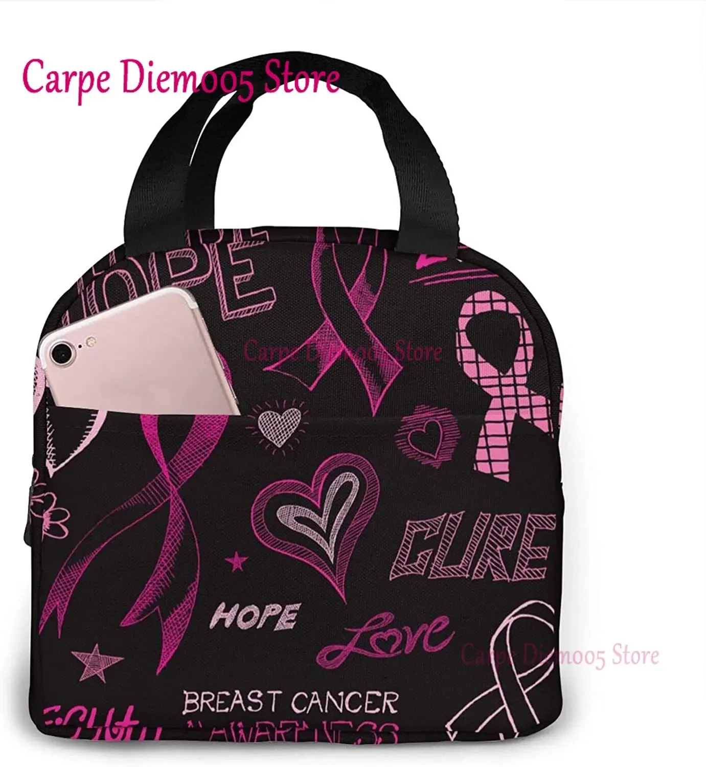 Pink Ribbon Support Breast Cancer Pattern  Repeat For Portable Insulated Lunch Bag