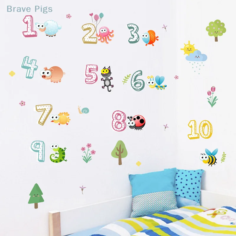 Cute Animals With Arabic Numbers Wall Stickers For Kindergarten Classroom Kids Room Home Decoration Nursery Mural Art Wall Decal